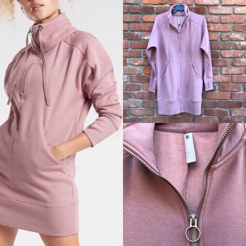ATHLETA Cozy Karma 1/4 Zip Sweatshirt Dress Tunic XS Dogwood Mauve Fleece